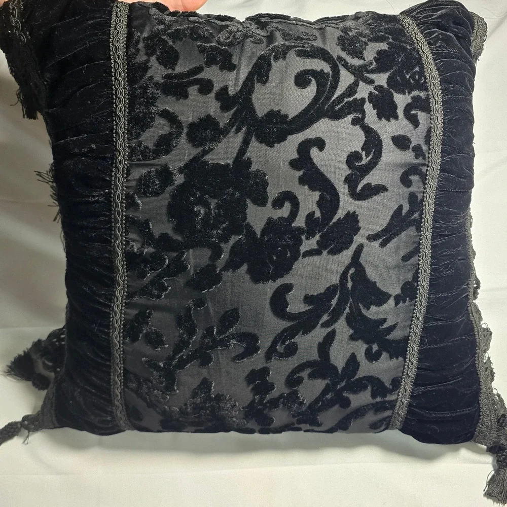 Black Velvet Damask Floral Throw Pillow Tassel Fringe Gothic Square Accent 16in